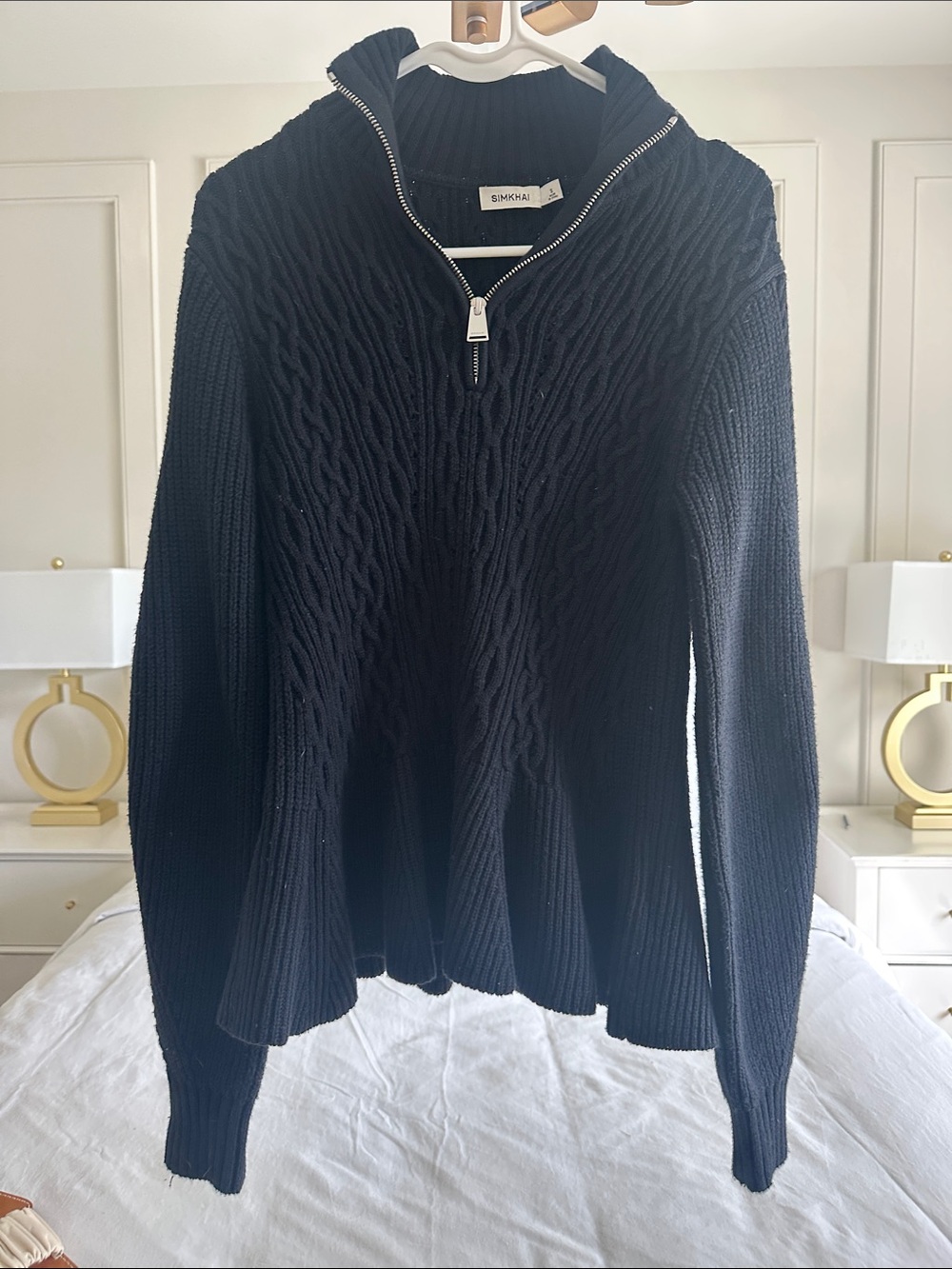 SIMKHAI Susanna Cable-knit Cotton blend Peplum Half zip sweater.